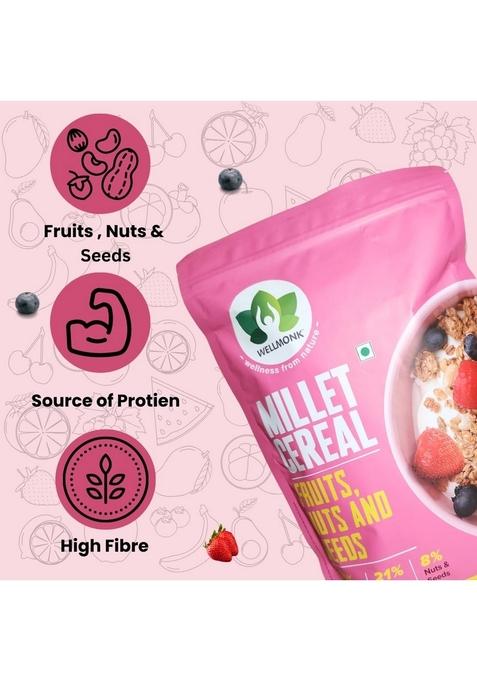 Wellmonk Millet Cereal 400G – Fruits, Nuts & Seeds Muesli, Wholesome Breakfast Mix
