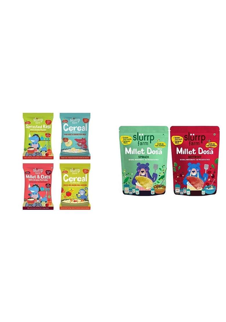 Slurrp Farm No Sugar Salt First Foods Cereal Trial Pack Combo | Made With Ragi Oats Jowar Real Fruits Vegetables Dals| 50 G 4 Millet Dosa Instant Mix 150G Of 2 - Indya