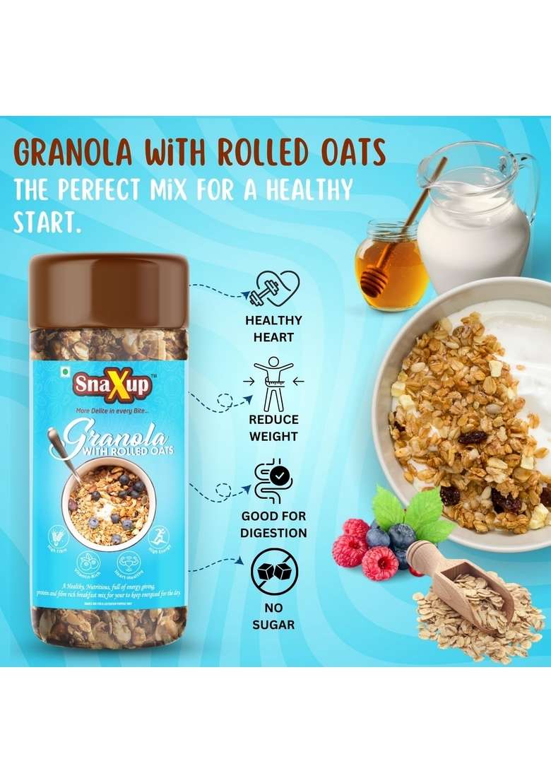 Snaxup Crunchy Granola Mix With Rolled Oats - Granola For Breakfast | Black Raisins, Seeds & Almonds | 100% Wholegrain Cereal | Healthy And Tasty Breakfast (350G) - Indya