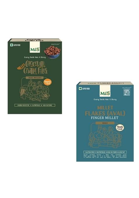 Mil8 Ragi Chocolate Centre Fills & Flakes (Aval) Finger Millet Combo (100Gram-200Gram) Nutritious, Delicious And Healthy Breakfast Solution