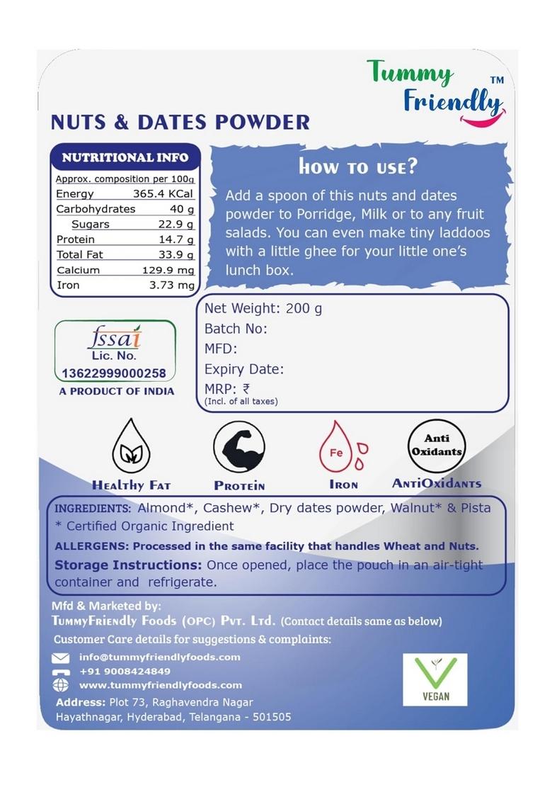 Tummyfriendly Foods Premium Nuts And Dates Powder. Dry Fruit Powder For Baby. Organic Dry Nuts Powder For Babies Kids And Adults | Dry Fruits Powder For Baby Kids For Milk. 2 Packs, 200G Each