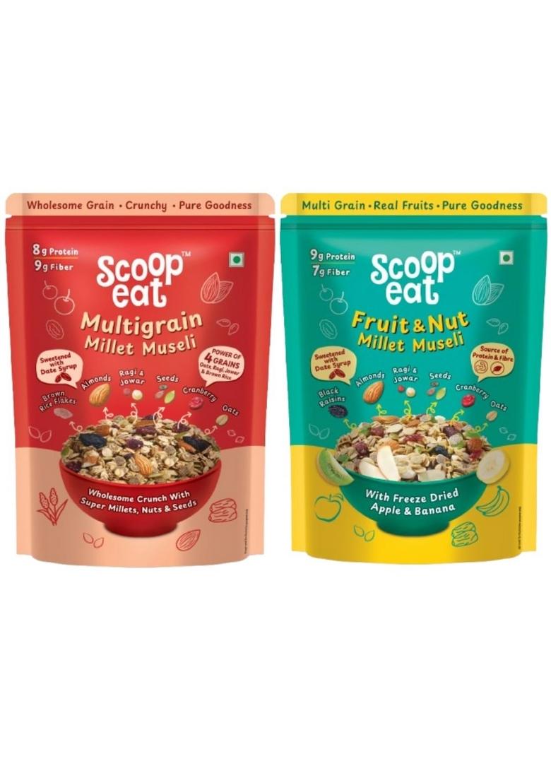 Scoopeat Assorted Muesli Combo 500G – Multigrain 250G & Fruit & Nut 250G | Breakfast Cereal With Oats, Millets, Almonds, Seeds & Real Fruits | High Fiber, No Refined Sugar, No Preservatives (Pack Of 2)