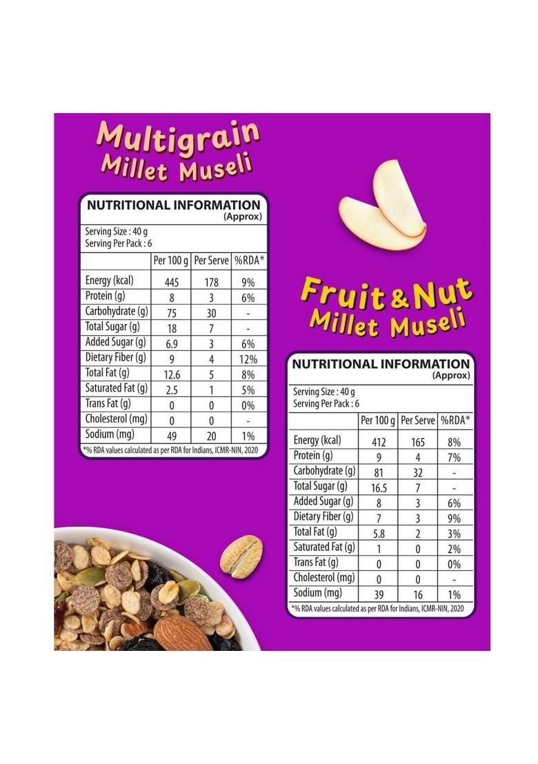 Scoopeat Assorted Muesli Combo 500G – Multigrain 250G & Fruit & Nut 250G | Breakfast Cereal With Oats, Millets, Almonds, Seeds & Real Fruits | High Fiber, No Refined Sugar, No Preservatives (Pack Of 2)