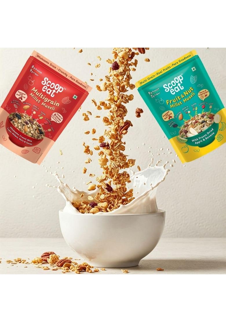 Scoopeat Assorted Muesli Combo 500G – Multigrain 250G & Fruit & Nut 250G | Breakfast Cereal With Oats, Millets, Almonds, Seeds & Real Fruits | High Fiber, No Refined Sugar, No Preservatives (Pack Of 2)