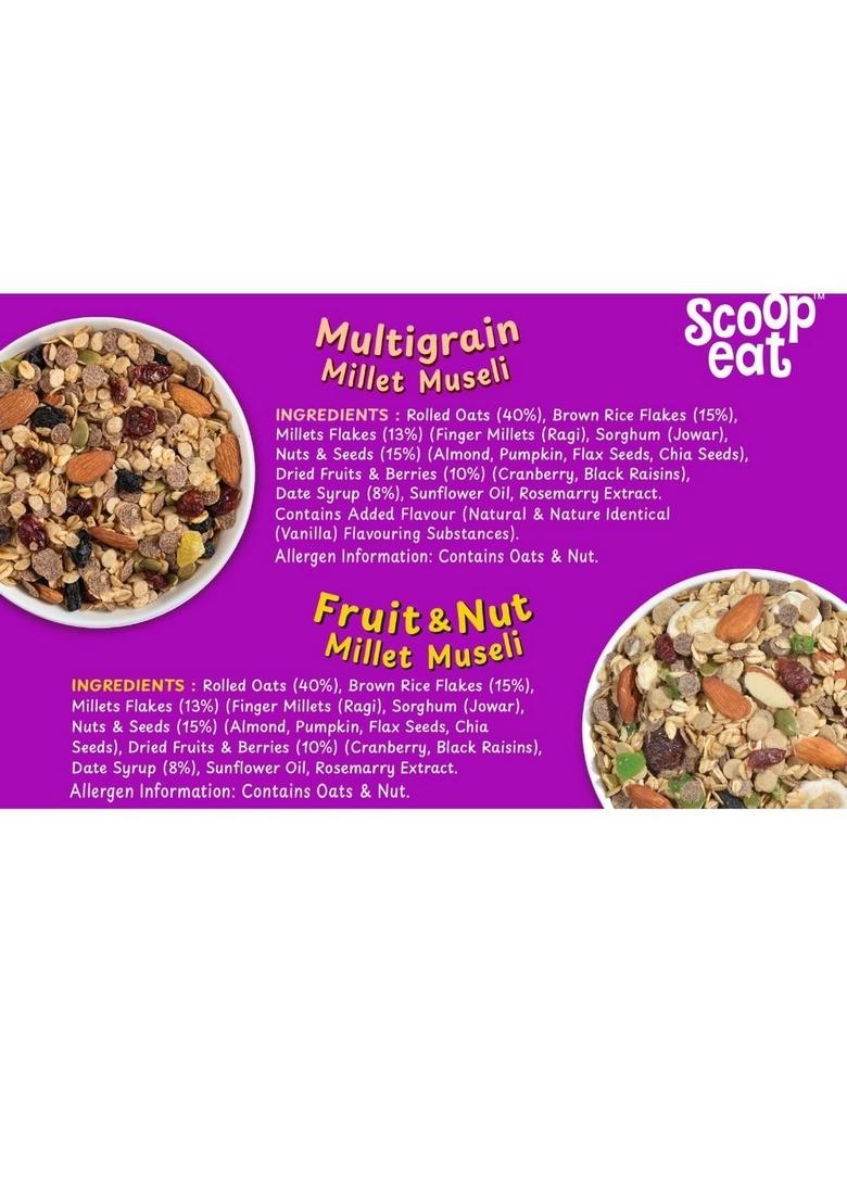 Scoopeat Assorted Muesli Combo 500G – Multigrain 250G & Fruit & Nut 250G | Breakfast Cereal With Oats, Millets, Almonds, Seeds & Real Fruits | High Fiber, No Refined Sugar, No Preservatives (Pack Of 2)