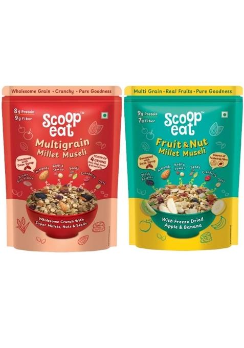 Scoopeat Assorted Muesli Combo 500G – Multigrain 250G & Fruit & Nut 250G | Breakfast Cereal With Oats, Millets, Almonds, Seeds & Real Fruits | High Fiber, No Refined Sugar, No Preservatives (Pack Of 2)