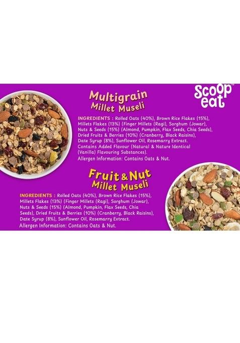 Scoopeat Assorted Muesli Combo 500G – Multigrain 250G & Fruit & Nut 250G | Breakfast Cereal With Oats, Millets, Almonds, Seeds & Real Fruits | High Fiber, No Refined Sugar, No Preservatives (Pack Of 2)