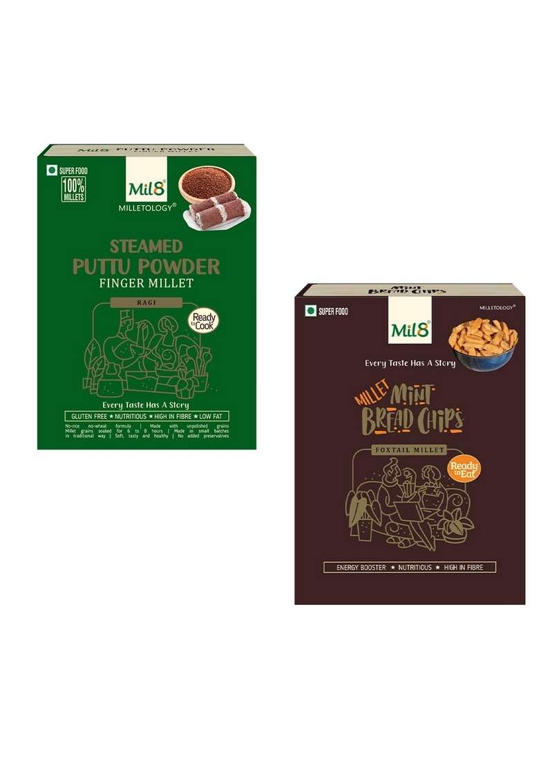 Mil8 Puttu Powder Finger & Bread Chips Mint Combo (300Gram-40Gram) Nutritious, Delicious And Healthy Breakfast Solution - Indya