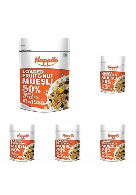 Happilo Loaded Fruit & Nuts Muesli 400G, Healthy Food For Breakfast, 50% Dried Fruits & Nuts, 4 Whole Grains, Prebiotics Fiber, Naturally Cholesterol Free, No Added Sugar (Pack Of 5)