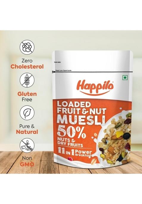 Happilo Loaded Fruit & Nuts Muesli 400G, Healthy Food For Breakfast, 50% Dried Fruits & Nuts, 4 Whole Grains, Prebiotics Fiber, Naturally Cholesterol Free, No Added Sugar (Pack Of 5)