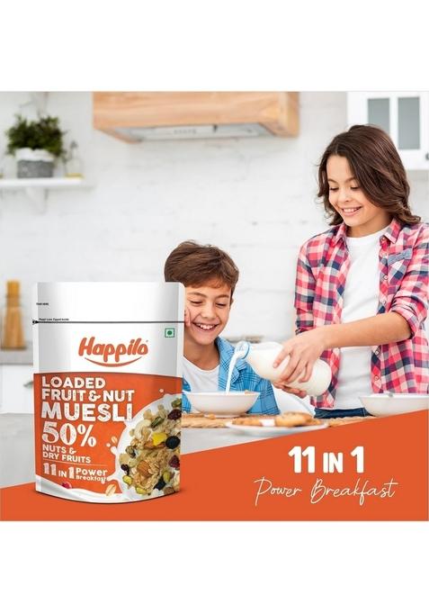 Happilo Loaded Fruit & Nuts Muesli 400G, Healthy Food For Breakfast, 50% Dried Fruits & Nuts, 4 Whole Grains, Prebiotics Fiber, Naturally Cholesterol Free, No Added Sugar (Pack Of 5)