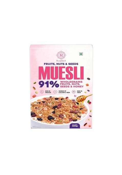 Raghbat Muesli 91% With Fruits, Nuts & Seeds, Wholegrains & Honey 500G |7-In-1 Power Breakfast| Wholegrain,Almonds, Pumpkin Seeds, Black Raisins, Cranberries, Raisins & Papaya | Breakfast Cereal