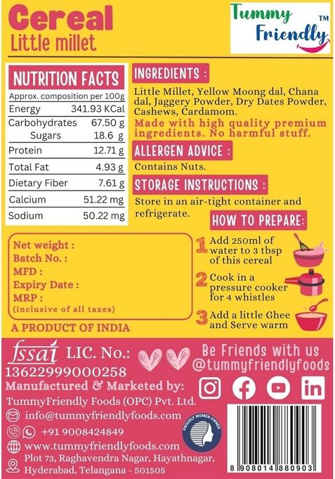 Tummyfriendly Foods Little Millet Cereal For Baby Toddler Kids 2 Year Old | Baby Food For 2+ Year Old | Maximum Nutrition From Real Food. Available In Trial Baby Packs Too. 400G, (100G Each Pack)