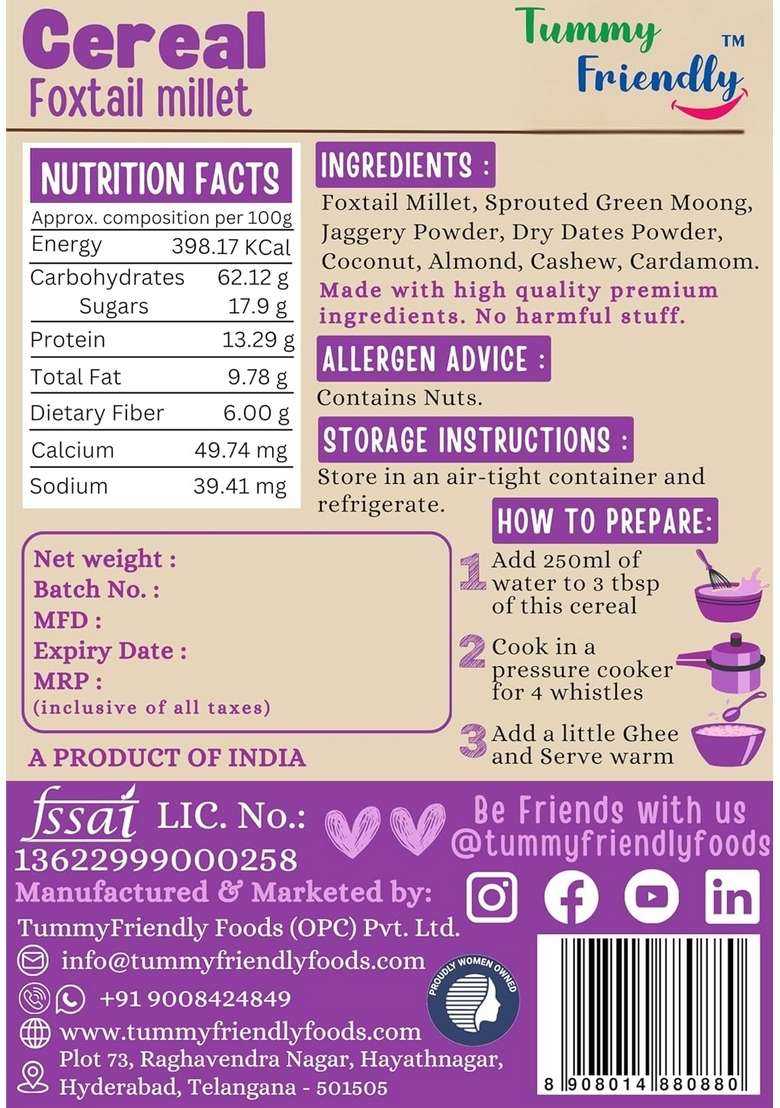 Tummyfriendly Foods Foxtail Millet Cereal For Baby Toddler Kids 2 Year Old | Baby Food For 2+ Year Old | Maximum Nutrition From Real Food. Available In Trial Baby Packs Too. 500G, (100G Each Pack) - Indya