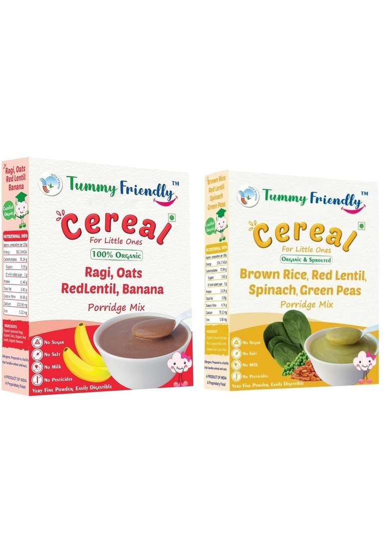 Tummyfriendly Foods Certified Organic Sprouted Ragi, Oats, Red Lentil, Banana And Brown Rice Red Lentil Spinach Green Peas Porridge Mix | Rich In Calcium, Protein & Fibre| 200G, 2 Packs - Indya