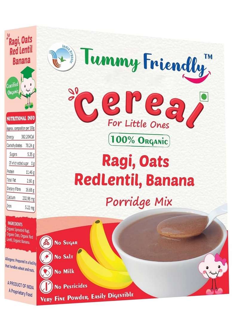 Tummyfriendly Foods Certified Organic Sprouted Ragi, Oats, Red Lentil, Banana And Brown Rice Red Lentil Spinach Green Peas Porridge Mix | Rich In Calcium, Protein & Fibre| 200G, 2 Packs - Indya