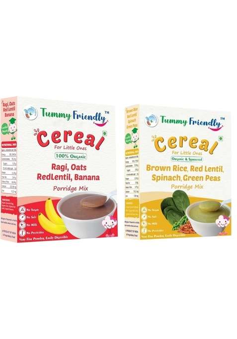 Tummyfriendly Foods Certified Organic Sprouted Ragi, Oats, Red Lentil, Banana And Brown Rice Red Lentil Spinach Green Peas Porridge Mix | Rich In Calcium, Protein & Fibre| 200G, 2 Packs