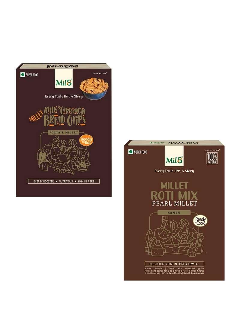 Mil8 Bread Chips Milk And Cardamom & Rotimix Pearl Millet Combo (40Gram-300Gram) Nutritious, Delicious And Healthy Breakfast Solution - Indya