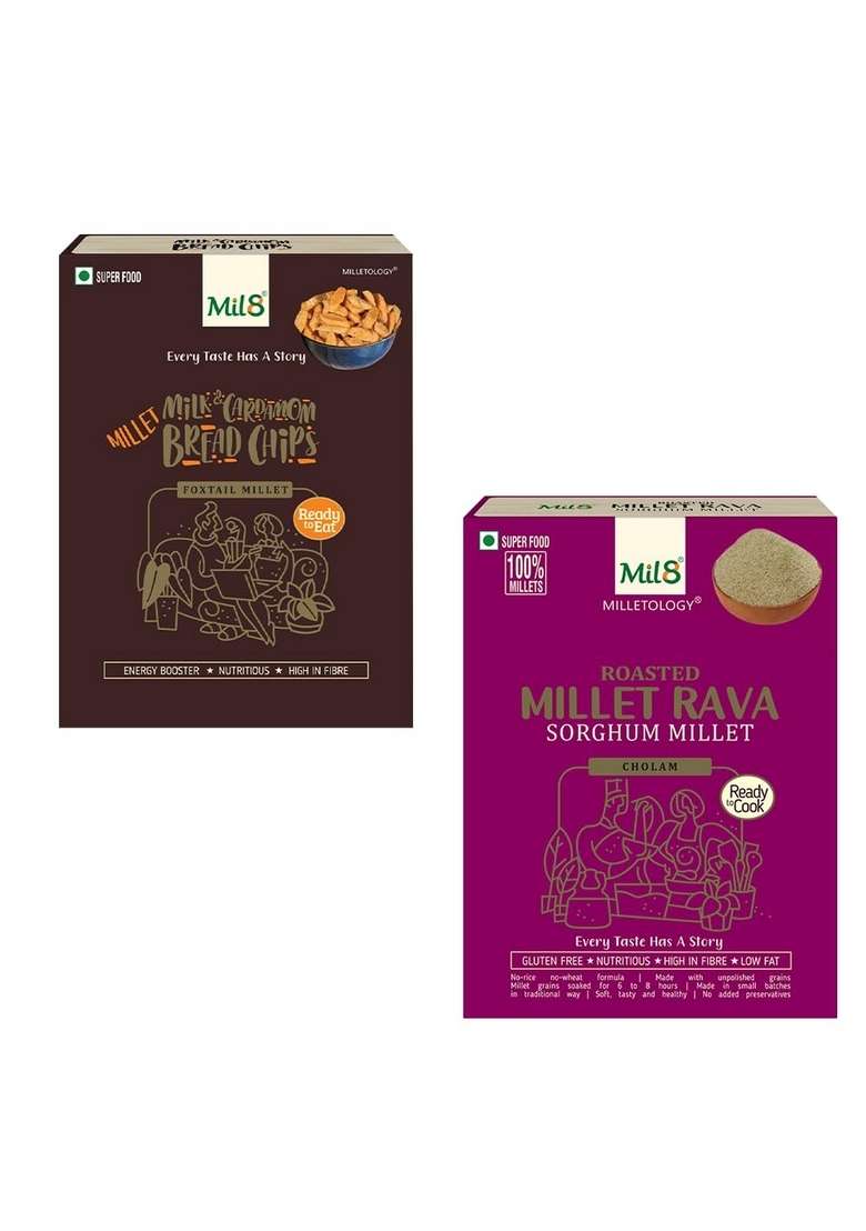 Mil8 Bread Chips Milk And Cardamom & Rava Sorghum Millet Combo (40Gram-300Gram) Nutritious, Delicious And Healthy Breakfast Solution - Indya