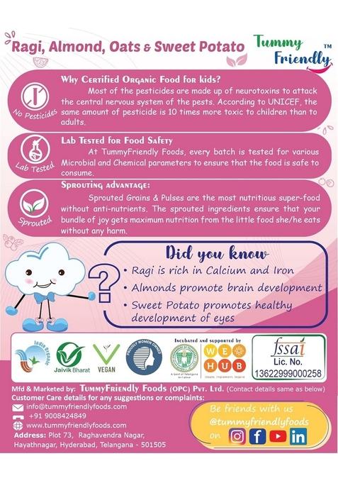 Tummyfriendly Foods Certified Organic Sprouted Ragi, Almonds, Oats, Sweet Potato And Organic Multi Grain Porridge Mix | Ragi, Almond Cereal Organic Baby Food For 8 Month Baby | 200G, 2 Packs