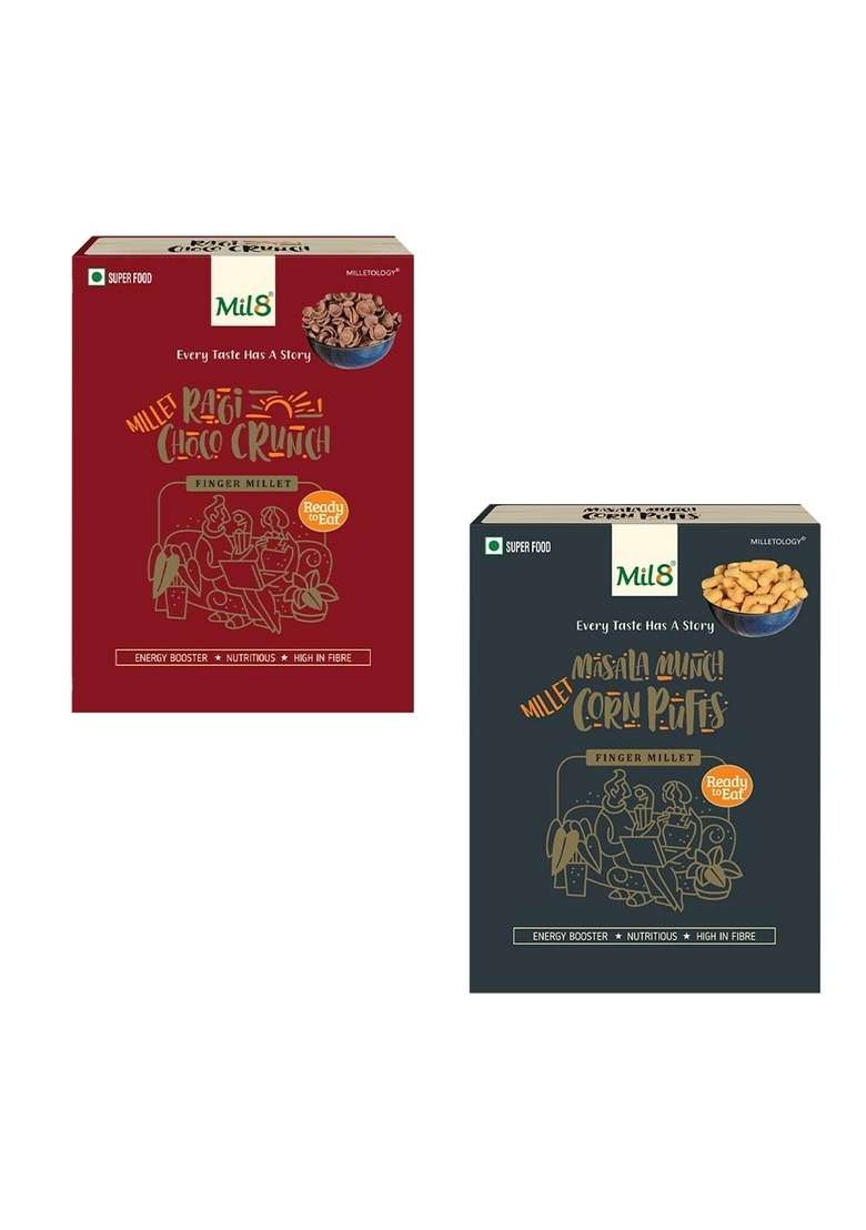 Mil8 Ragi Choco Crunch & Corn Puffs Masala Combo (80Gram-30Gram) Nutritious, Delicious And Healthy Breakfast Solution - Indya