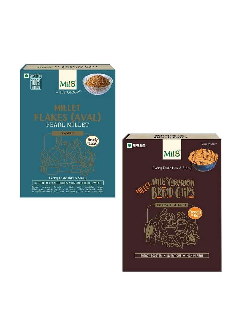 Mil8 Flakes (Aval) Pearl & Bread Chips Milk And Cardamom Combo (200Gram-40Gram) Nutritious, Delicious And Healthy Breakfast Solution - Indya