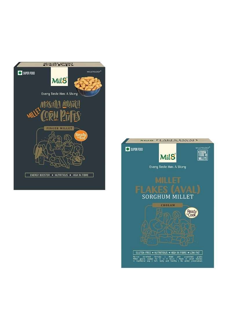 Mil8 Corn Puffs Masala & Flakes (Aval) Sorghum Millet Combo (30Gram-200Gram) Nutritious, Delicious And Healthy Breakfast Solution - Indya