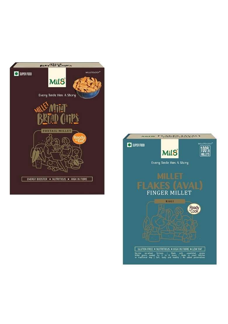 Mil8 Bread Chips Mint & Flakes (Aval) Finger Millet Combo (40Gram-200Gram) Nutritious, Delicious And Healthy Breakfast Solution - Indya
