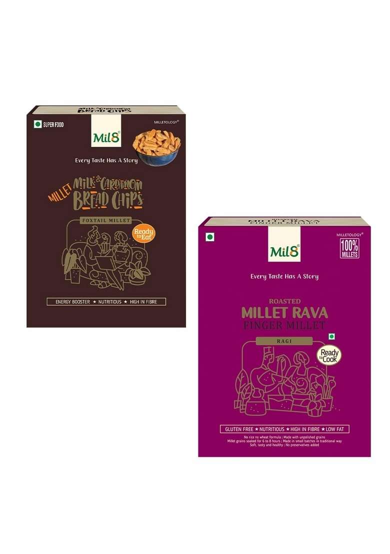 Mil8 Bread Chips Milk And Cardamom & Rava Finger Millet Combo (40Gram-300Gram) Nutritious, Delicious And Healthy Breakfast Solution - Indya