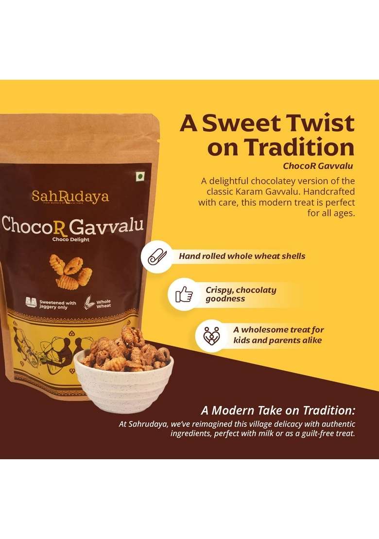 Sahrudaya Chocor Gavvalu | Whole Wheat Chocos Cereal For Breakfast, Zero Maida, Delicious Chocolate Chocos For Kids & Adult | Guilt-Free With No Added Sugar & Maida | Handmade | 100 G Pack Of 4 - Indya