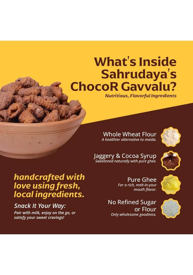 Sahrudaya Chocor Gavvalu | Whole Wheat Chocos Cereal For Breakfast, Zero Maida, Delicious Chocolate Chocos For Kids & Adult | Guilt-Free With No Added Sugar & Maida | Handmade | 100 G Pack Of 4 - Indya