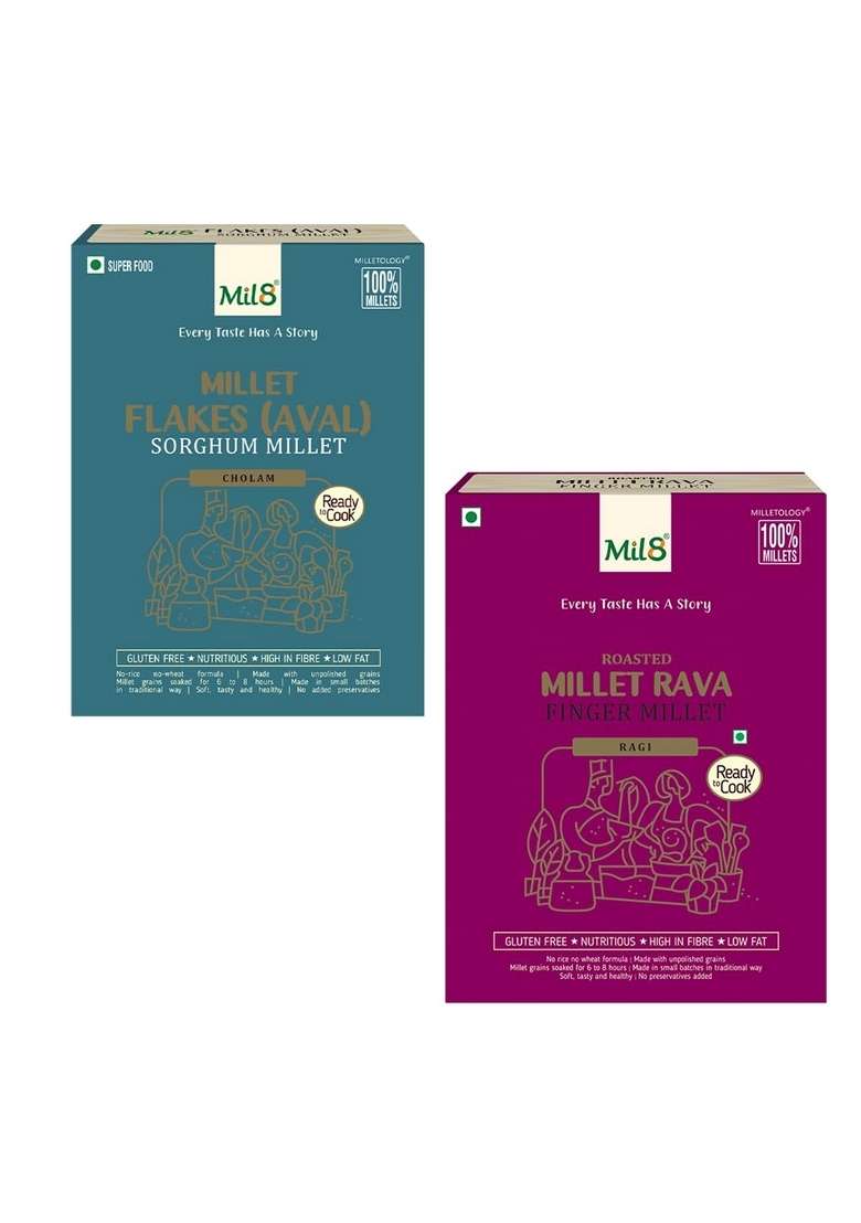 Mil8 Flakes (Aval) Sorghum & Rava Finger Millet Combo (200Gram-300Gram) Nutritious, Delicious And Healthy Breakfast Solution - Indya