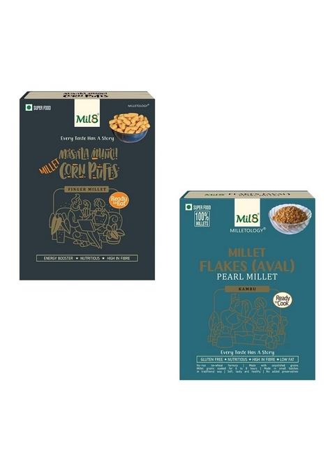 Mil8 Corn Puffs Masala & Flakes (Aval) Pearl Millet Combo (30Gram-200Gram) Nutritious, Delicious And Healthy Breakfast Solution