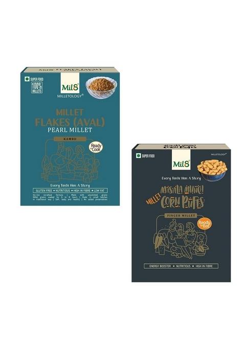 Mil8 Flakes (Aval) Pearl & Corn Puffs Masala Combo (200Gram-30Gram) Nutritious, Delicious And Healthy Breakfast Solution