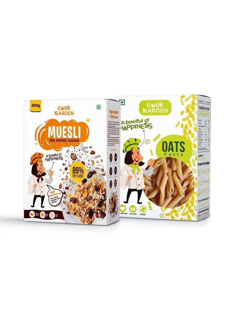 Cookgarden No Added Sugar Muesli 400G & Oats Pasta 300G | Healthy Protein Food & Breakfast Cereal - Indya