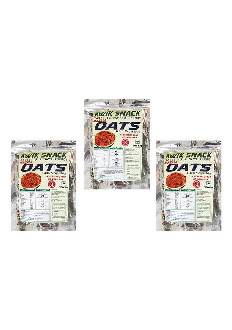 Kwik Snack Combo Pack Of 3 Masala Oats Of (400 Gm Each) 3 X 400 Gm = 1.2 Kg - 100% Natural Whole Grain Oats, Good Source Of Protein & Fiber, Gluten Free Oats, No Added Sugar, Healthy Breakfast Cereals, - Indya