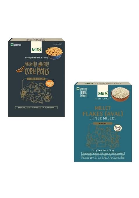 Mil8 Corn Puffs Masala & Flakes (Aval) Little Millet Combo (30Gram-200Gram) Nutritious, Delicious And Healthy Breakfast Solution