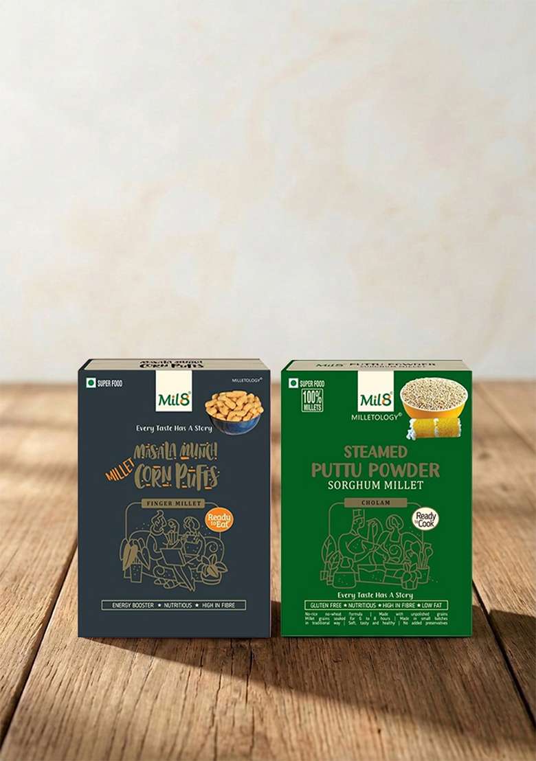 Mil8 Corn Puffs Masala & Puttu Powder Sorghum Millet Combo (30Gram-300Gram) Nutritious, Delicious And Healthy Breakfast Solution - Indya