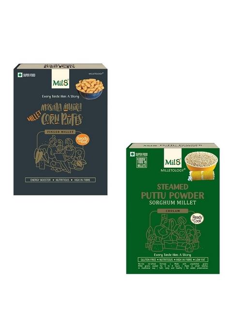 Mil8 Corn Puffs Masala & Puttu Powder Sorghum Millet Combo (30Gram-300Gram) Nutritious, Delicious And Healthy Breakfast Solution