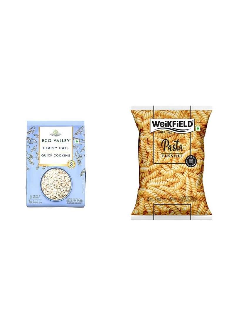 Eco Valley Hearty Oats 1 Kg Pouch, Rich In Protein And Fibre & Weikfield Fusilli Pasta Pouch, 900 Gm - Pack Of 2 - Indya