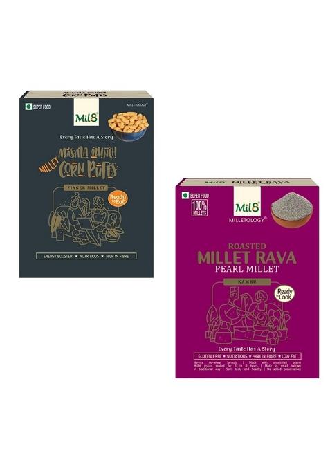 Mil8 Corn Puffs Masala & Rava Pearl Millet Combo (30Gram-300Gram) Nutritious, Delicious And Healthy Breakfast Solution
