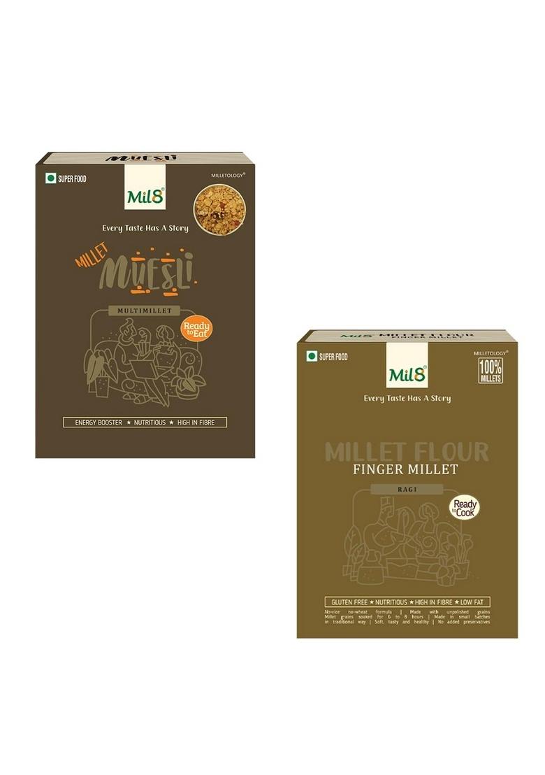Mil8 Muesli & Flour Finger Millet Combo (100Gram-300Gram) Nutritious, Delicious And Healthy Breakfast Solution