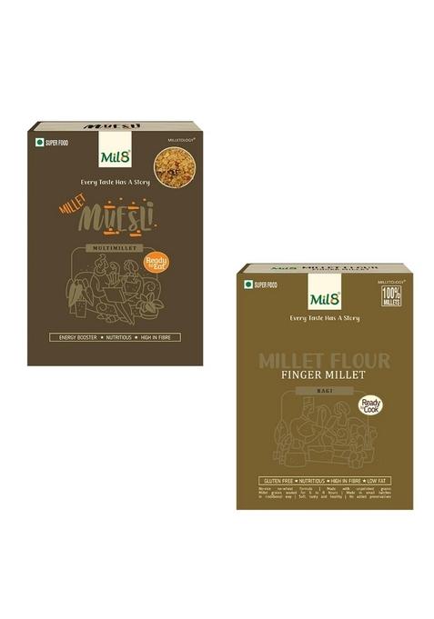 Mil8 Muesli & Flour Finger Millet Combo (100Gram-300Gram) Nutritious, Delicious And Healthy Breakfast Solution