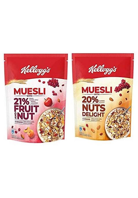 Kellogg'S Combo, Kellogg'S Muesli With 21% Fruit And Nut Pouch, 500 G And Kellogg'S Muesli With 20% Nuts Delight Pouch, 750 G