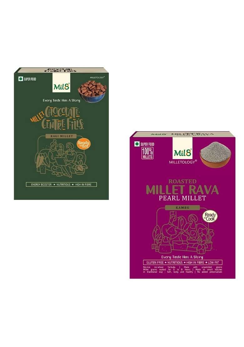 Mil8 Ragi Chocolate Centre Fills & Rava Pearl Millet Combo (100Gram-300Gram) Nutritious, Delicious And Healthy Breakfast Solution - Indya