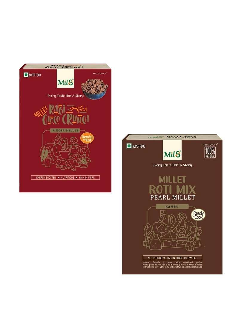 Mil8 Ragi Choco Crunch & Rotimix Pearl Millet Combo (80Gram-300Gram) Nutritious, Delicious And Healthy Breakfast Solution - Indya