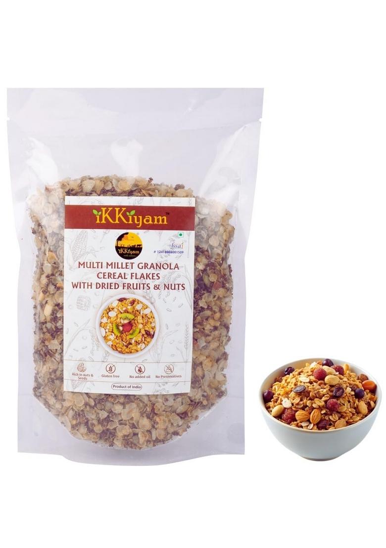 Ikkiyam Multi Millet Granola Cereal Flakes 250G | With Dried Fruits, Nuts & Palm Sugar | 100% Natural Millet Breakfast | No Preservatives | Healthy Snack For Kids & Adults