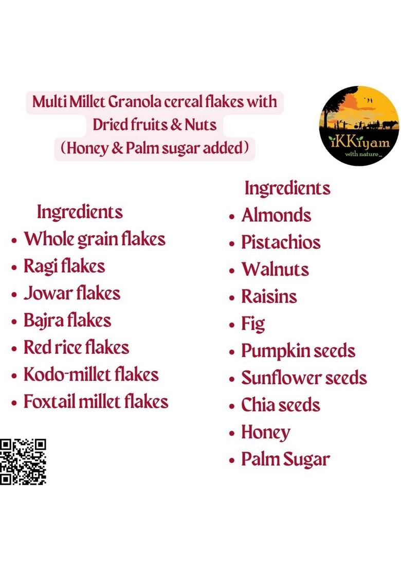 Ikkiyam Multi Millet Granola Cereal Flakes 250G | With Dried Fruits, Nuts & Palm Sugar | 100% Natural Millet Breakfast | No Preservatives | Healthy Snack For Kids & Adults