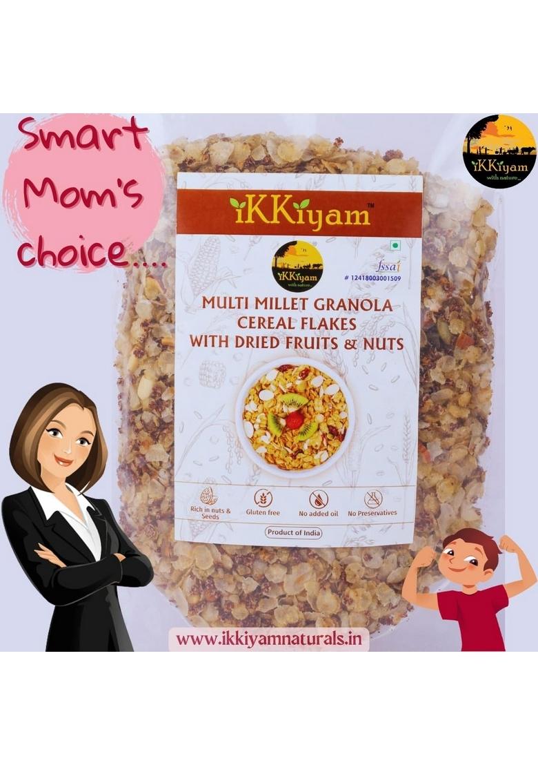 Ikkiyam Multi Millet Granola Cereal Flakes 250G | With Dried Fruits, Nuts & Palm Sugar | 100% Natural Millet Breakfast | No Preservatives | Healthy Snack For Kids & Adults