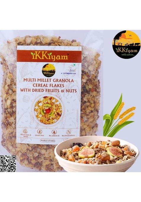 Ikkiyam Multi Millet Granola Cereal Flakes 250G | With Dried Fruits, Nuts & Palm Sugar | 100% Natural Millet Breakfast | No Preservatives | Healthy Snack For Kids & Adults